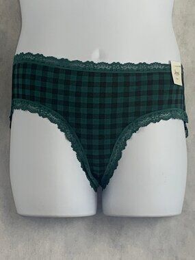 Jenni Women's Plus Size Lace Trim Hipster Panty Underwear, Green Buffalo Plaid